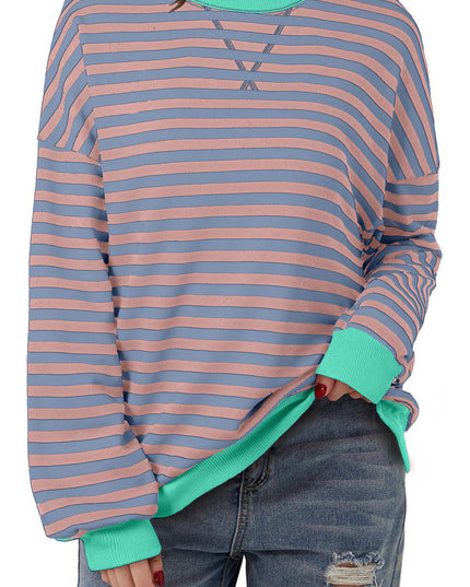 Blue Striped Contrast Trim Drop Shoulder Sweatshirt