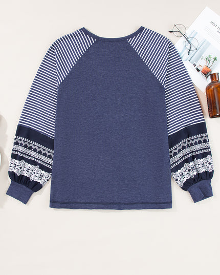 Rose Red Contrast Print Striped Raglan Long Sleeve Loose Top