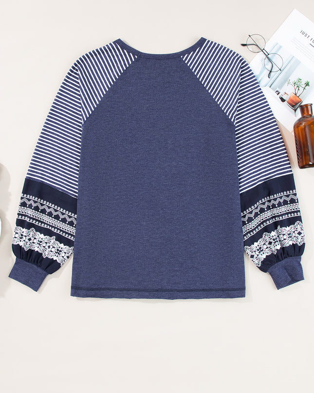 Rose Red Contrast Print Striped Raglan Long Sleeve Loose Top