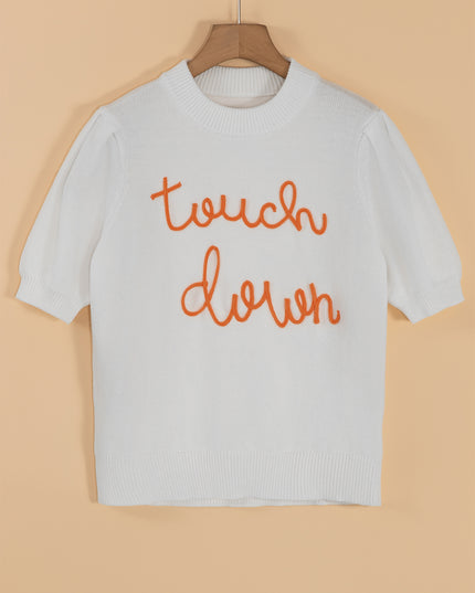 White Touchdown Puff Sleeve Sweater – Game Day Football Graphic Top
