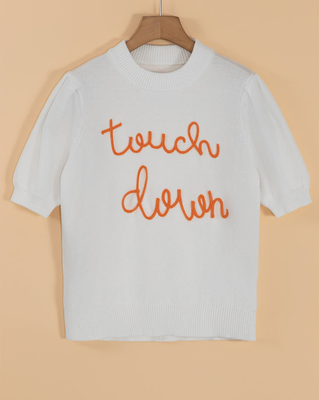 White Touchdown Puff Sleeve Sweater – Game Day Football Graphic Top