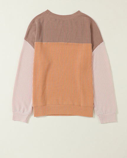 Multicolor Colorblock Ribbed Loose Long Sleeve Top