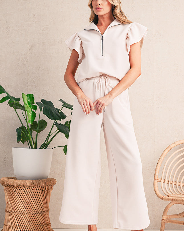 Beau Blue Textured Ruffle Sleeve Zipped Top and Wide Leg Pants Set