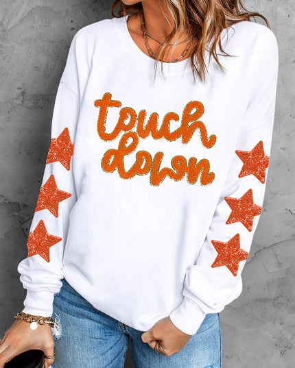 Beige Touchdown Star Sleeve Sweatshirt – Game Day Football Glitter Graphic Pullover