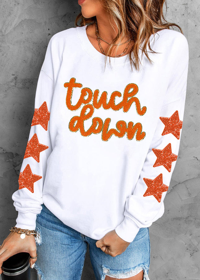 Beige Touchdown Star Sleeve Sweatshirt – Game Day Football Glitter Graphic Pullover