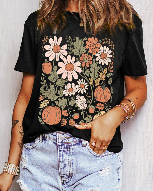 Black Wild Flower Pumpkin Print T Shirt