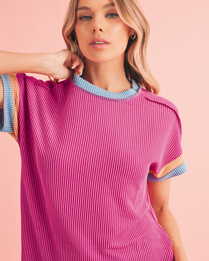 Rose Red Textured Colorblock Round Neck T Shirt