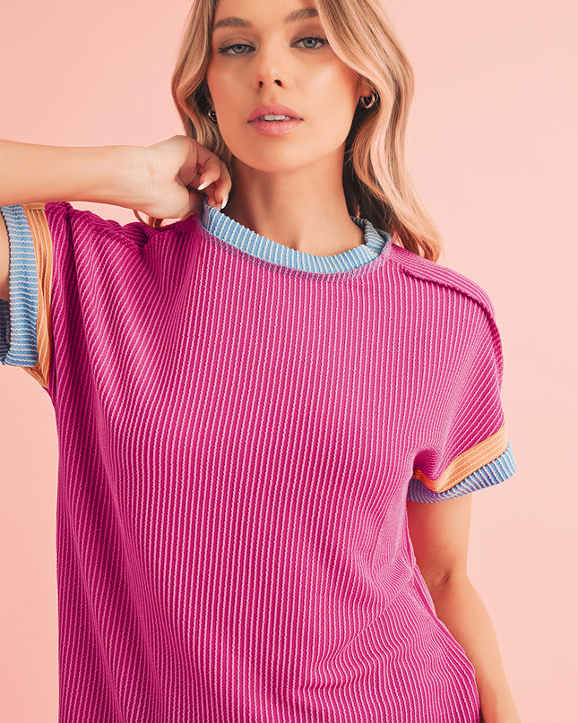 Rose Red Textured Colorblock Round Neck T Shirt