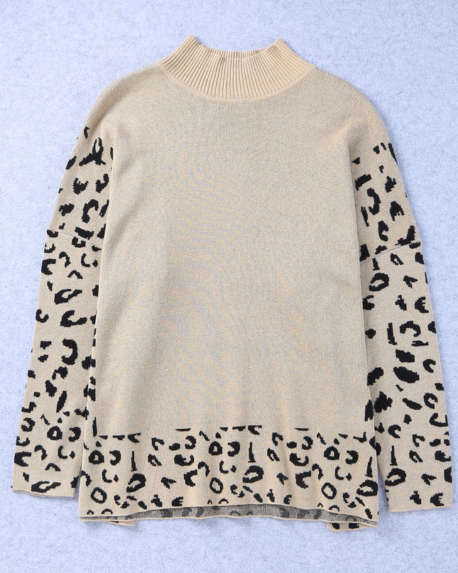 Khaki Leopard Casual Side Slit High Neck Oversized Sweater