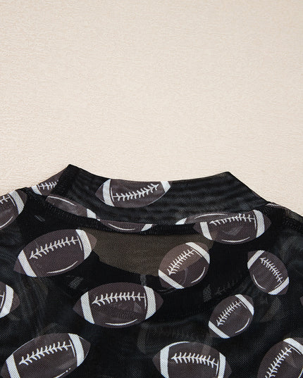 Black Game Day Football Mesh Sheer Long Sleeve Top