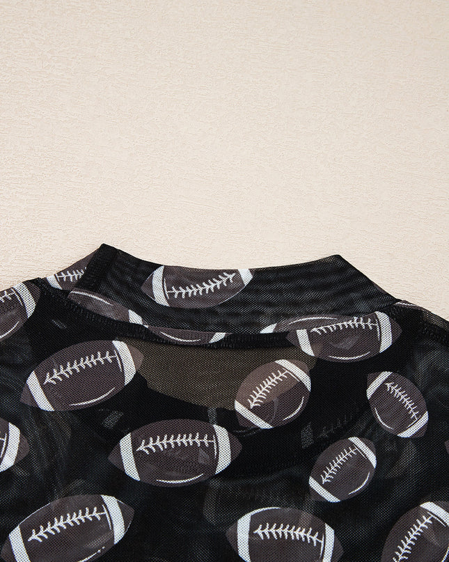 Black Game Day Football Mesh Sheer Long Sleeve Top