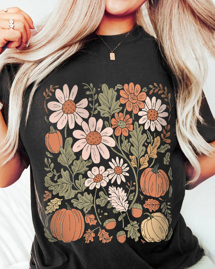 Black Wild Flower Pumpkin Print T Shirt