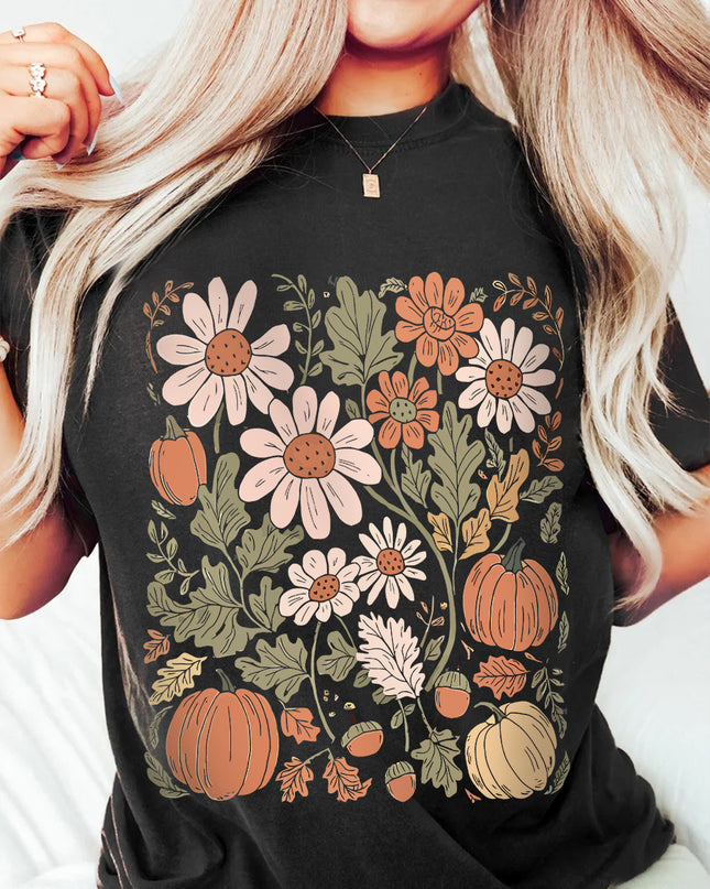 Black Wild Flower Pumpkin Print T Shirt