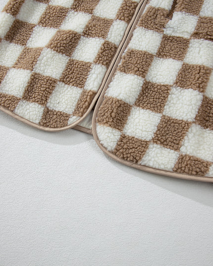 Khaki Checkered Sherpa Collared Jacket Vest