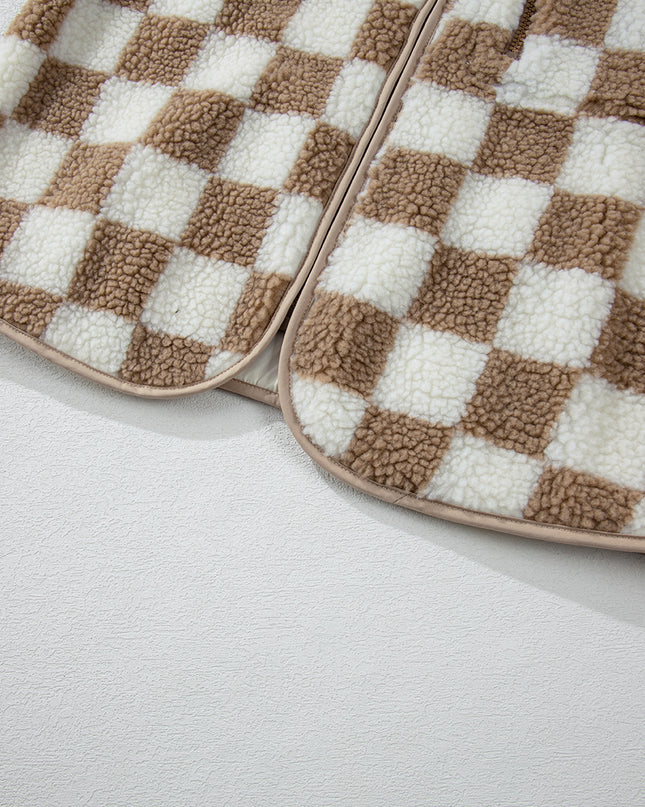 Khaki Checkered Sherpa Collared Jacket Vest