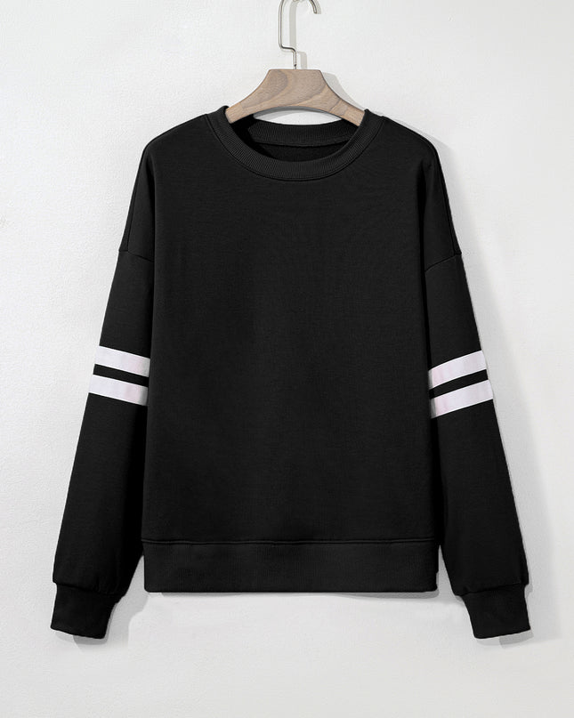 Fiery Red Preppy Striped Sleeve Loose Sweatshirt