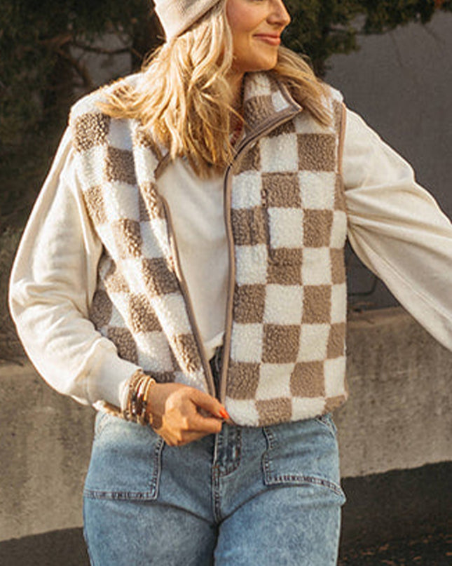 Khaki Checkered Sherpa Collared Jacket Vest