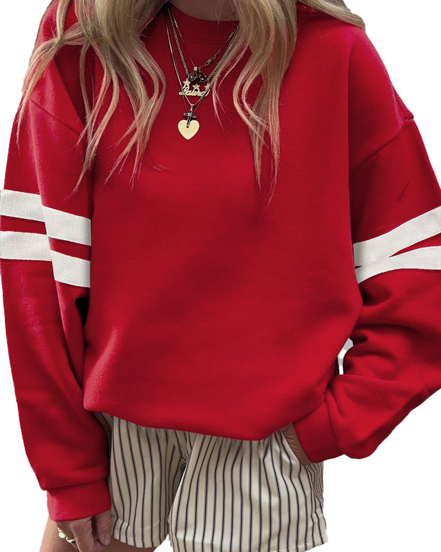 Fiery Red Preppy Striped Sleeve Loose Sweatshirt