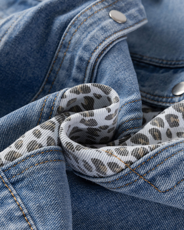 Beau Blue Leopard Patchwork Plus Size Denim Jacket