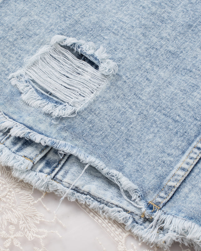 Light Blue Distressed Ripped Raw Hem Buttons Denim Jacket