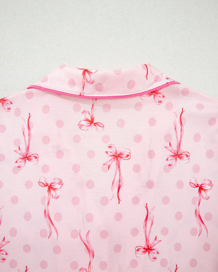 Pink Polka Dot and Bow Print Ruffle Hem Shorts Pajama Set