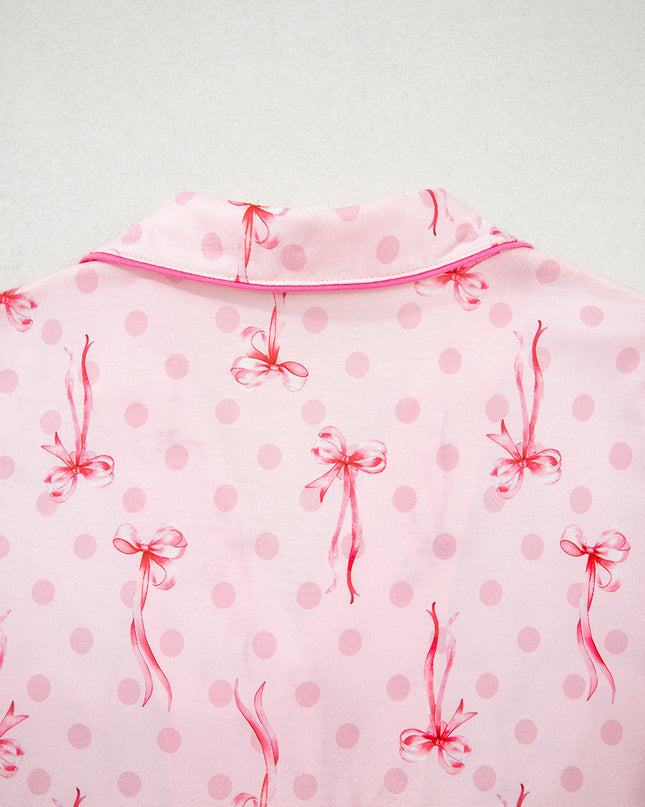 Pink Polka Dot and Bow Print Ruffle Hem Shorts Pajama Set