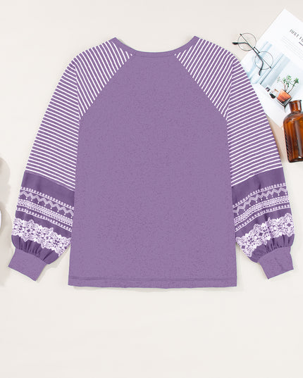 Rose Red Contrast Print Striped Raglan Long Sleeve Loose Top