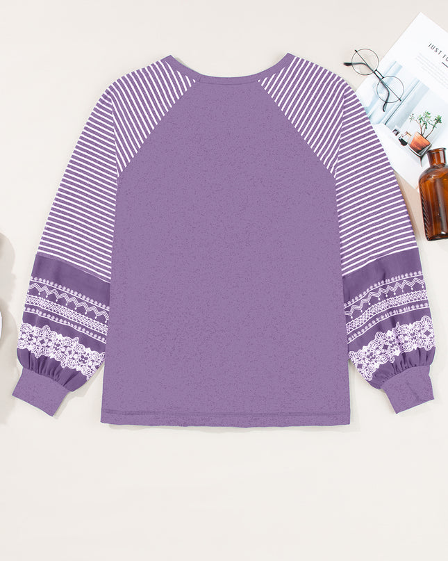 Rose Red Contrast Print Striped Raglan Long Sleeve Loose Top