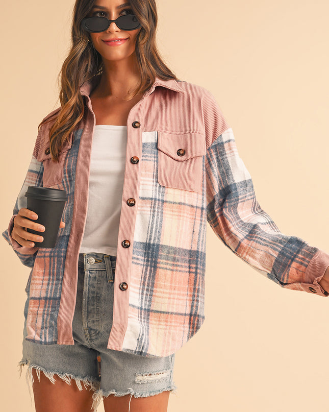 Cinnamon Plaid Corduroy Patchwork Pocket Loose Shacket