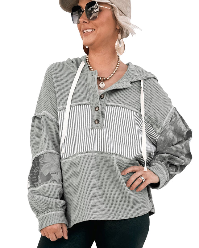 Gray Waffle Patchwork Drawstring Hooded Long Sleeve Top