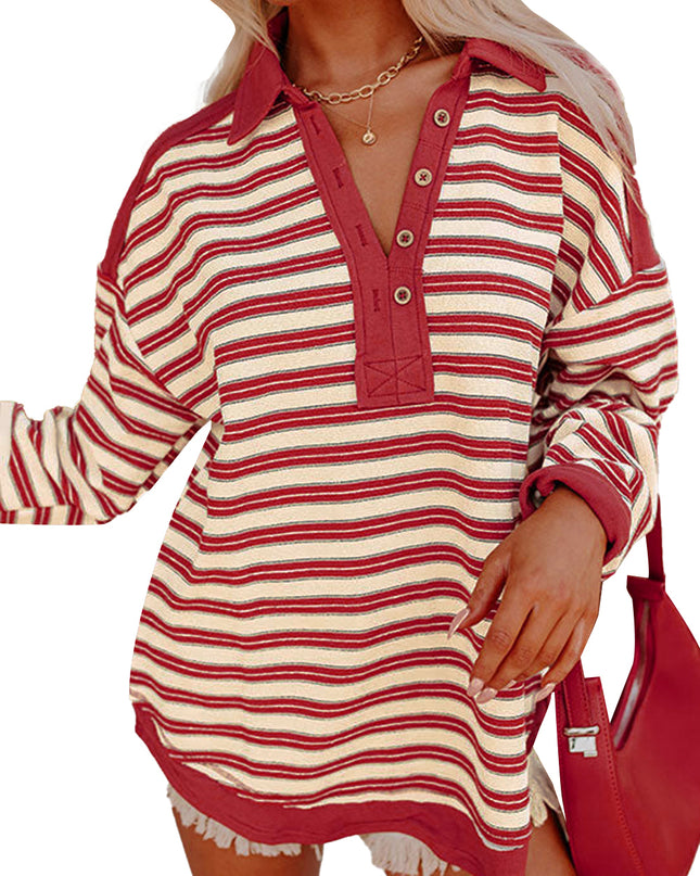 Red Stripe Collared V Neck Drop Shoulder Top