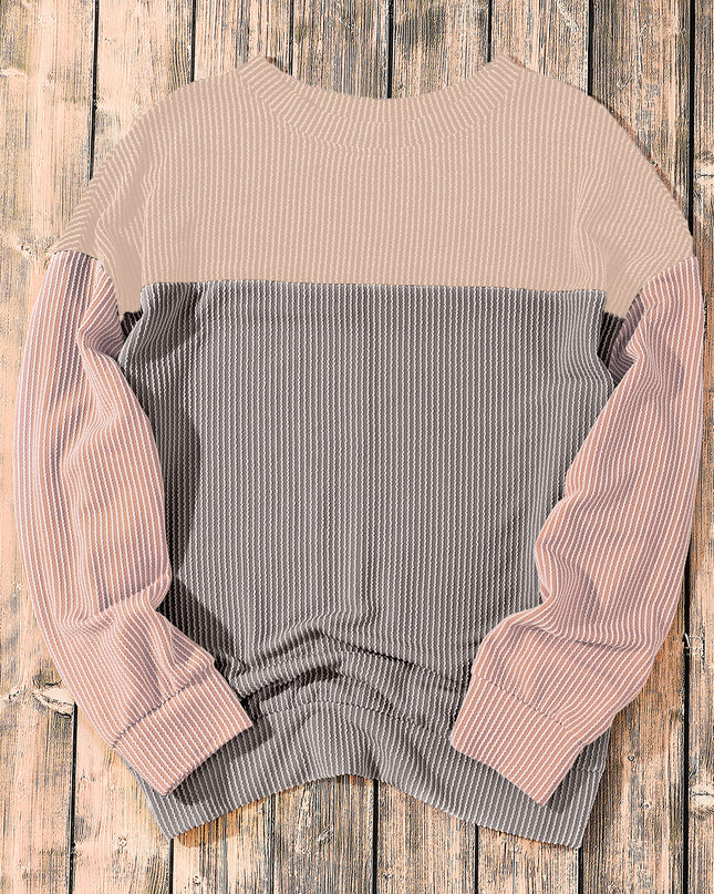 Multicolor Colorblock Ribbed Loose Long Sleeve Top