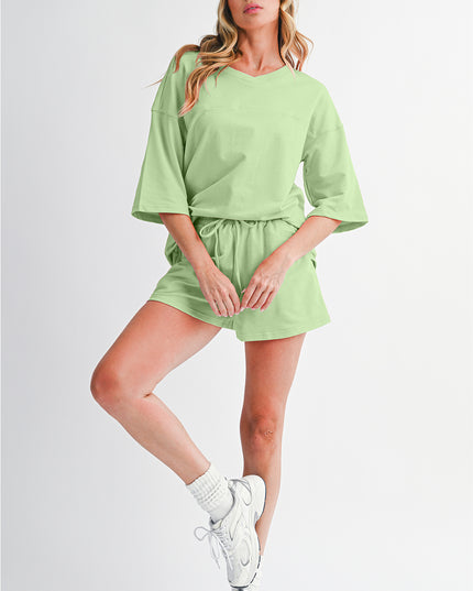Bonbon Loose V Neck Tee and Drawstring Shorts Set