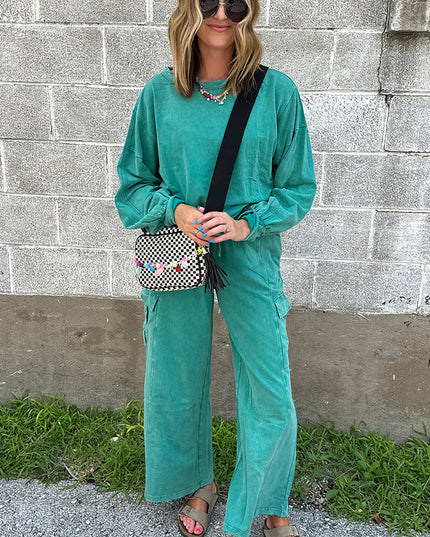 Lapis Mineral Wash Pullover and Wide Leg Cargo Pants Set