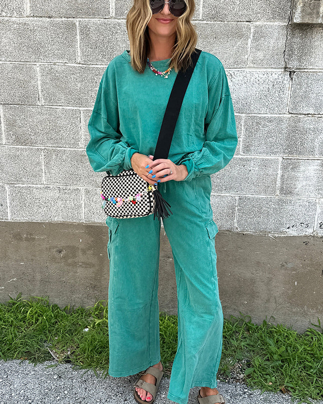 Lapis Mineral Wash Pullover and Wide Leg Cargo Pants Set
