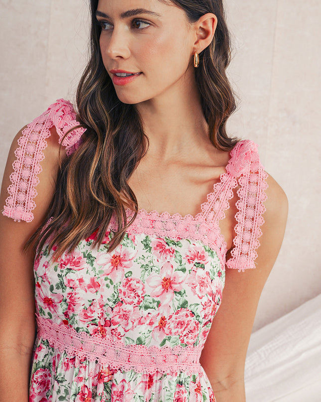 Green Floral Lace Tied Strap Empire Waist Maxi Dress