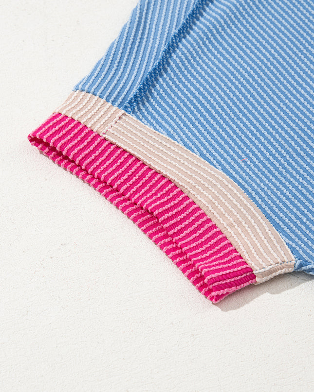 Rose Red Textured Colorblock Round Neck T Shirt