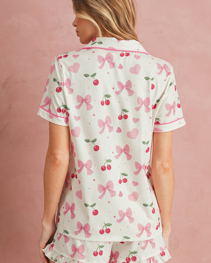 Pink Polka Dot and Bow Print Ruffle Hem Shorts Pajama Set