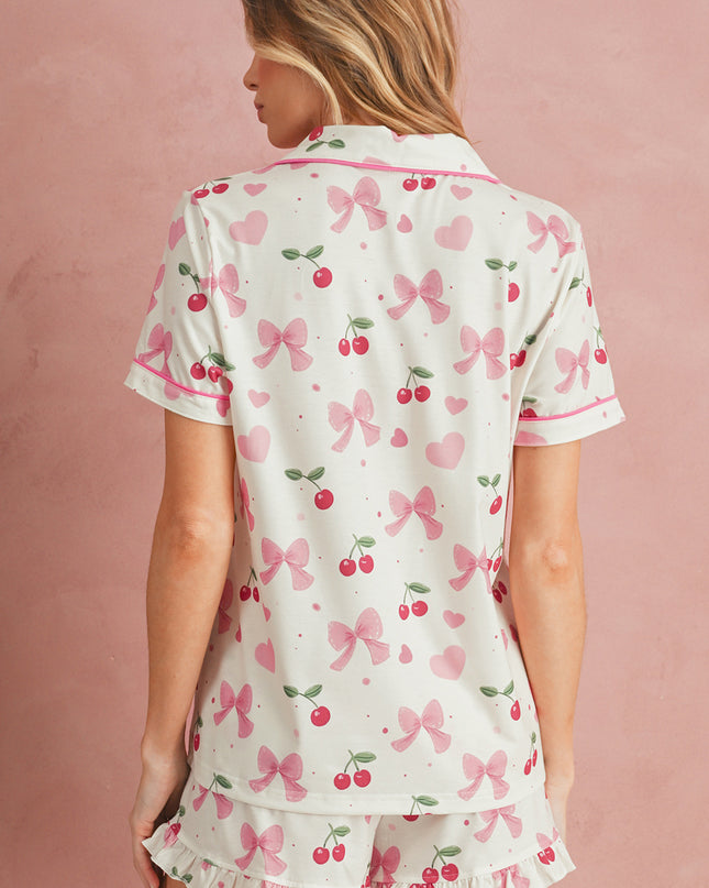 Pink Polka Dot and Bow Print Ruffle Hem Shorts Pajama Set