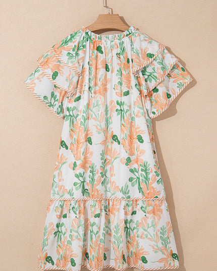 Orange Floral Contrast Edge Ruffle Sleeve Tie Neck Mini Dress