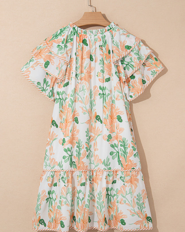 Orange Floral Contrast Edge Ruffle Sleeve Tie Neck Mini Dress