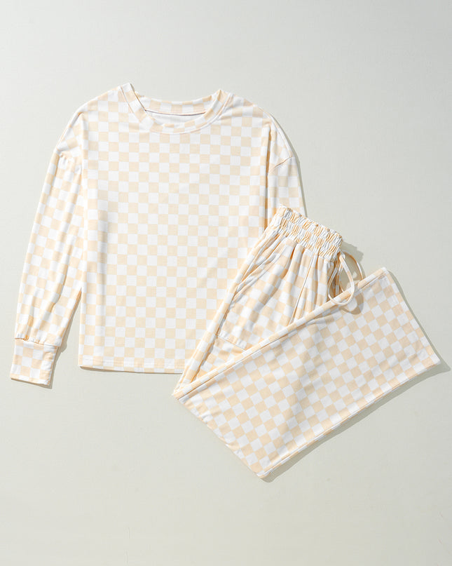 Beige Checkered Print Long Sleeve Loose Fit Pajama Set