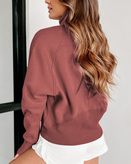 Black Zip Up Stand Collar Ribbed Thumbhole Sleeve Sweatshirt