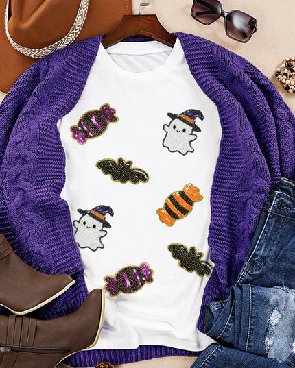 Black Sequined Halloween Spirit Pattern Patched Custom Casual Tee