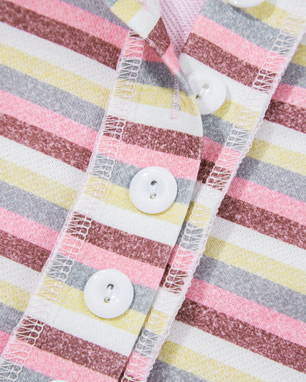 Pink Striped Patchwork Button V Neck Pullover Sweatshirt