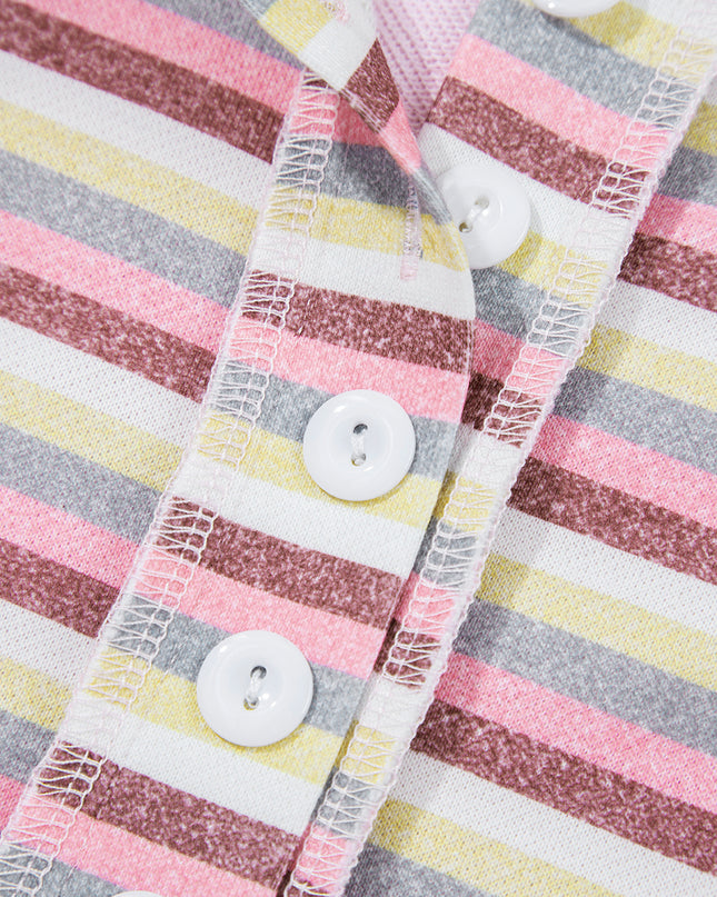 Pink Striped Patchwork Button V Neck Pullover Sweatshirt